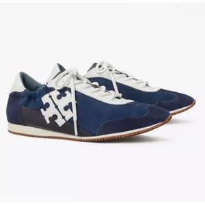 Tory Burch Navy Blue & White Leather & Suede Tory Logo Sneakers New In Box